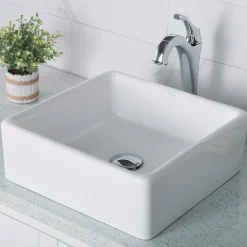 Hot Elavo 15-Inch Square White Porcelain Ceramic Bathroom Vessel Sink and Arlo Faucet Combo Set with Pop-Up Drain Sink And Faucet Combos|Above Counter / Vessel Sinks