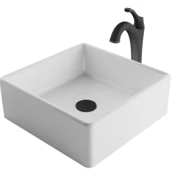 Hot Elavo 15-Inch Square White Porcelain Ceramic Bathroom Vessel Sink and Arlo Faucet Combo Set with Pop-Up Drain Sink And Faucet Combos|Above Counter / Vessel Sinks