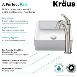 Hot Elavo 15-Inch Square White Porcelain Ceramic Bathroom Vessel Sink and Arlo Faucet Combo Set with Pop-Up Drain Sink And Faucet Combos|Above Counter / Vessel Sinks
