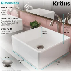 Hot Elavo 15-Inch Square White Porcelain Ceramic Bathroom Vessel Sink and Arlo Faucet Combo Set with Pop-Up Drain Sink And Faucet Combos|Above Counter / Vessel Sinks