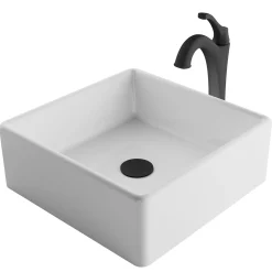 Hot Elavo 15-Inch Square White Porcelain Ceramic Bathroom Vessel Sink and Arlo Faucet Combo Set with Pop-Up Drain Sink And Faucet Combos|Above Counter / Vessel Sinks