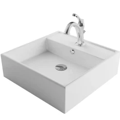 Outlet Elavo 18 1/2-Inch Square White Porcelain Ceramic Bathroom Vessel Sink with Overflow and Arlo Faucet Combo Set with Lift Rod Drain Sink And Faucet Combos|Above Counter / Vessel Sinks