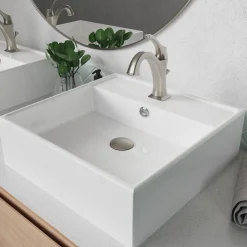 Outlet Elavo 18 1/2-Inch Square White Porcelain Ceramic Bathroom Vessel Sink with Overflow and Arlo Faucet Combo Set with Lift Rod Drain Sink And Faucet Combos|Above Counter / Vessel Sinks
