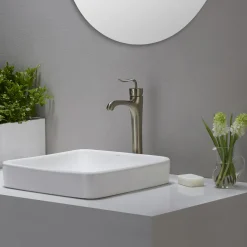 Clearance Elavo Series Square Ceramic Semi-Recessed Bathroom Sink in White with Overflow Semi-Recessed Sinks