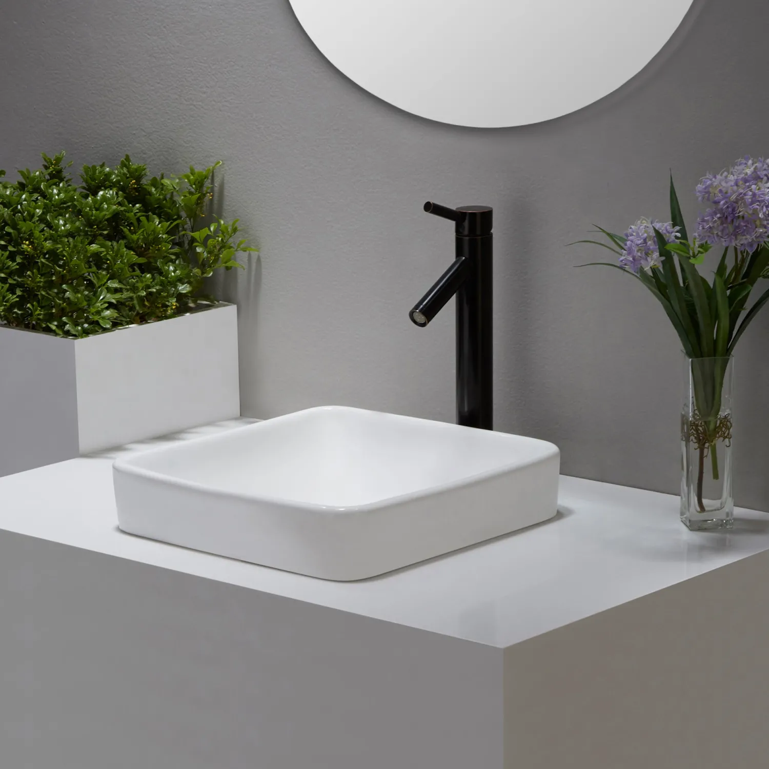 Clearance Elavo Series Square Ceramic Semi-Recessed Bathroom Sink in White with Overflow Semi-Recessed Sinks