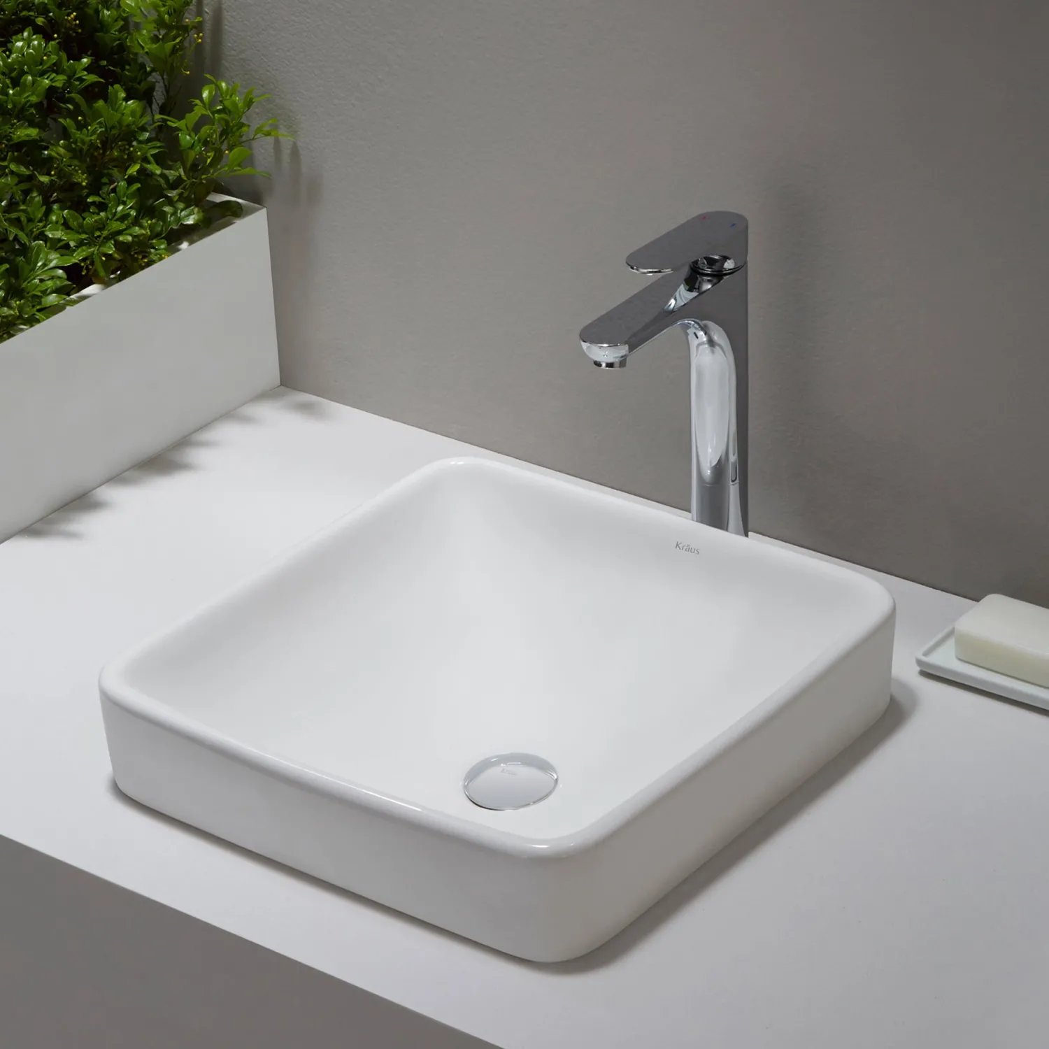 Clearance Elavo Series Square Ceramic Semi-Recessed Bathroom Sink in White with Overflow Semi-Recessed Sinks