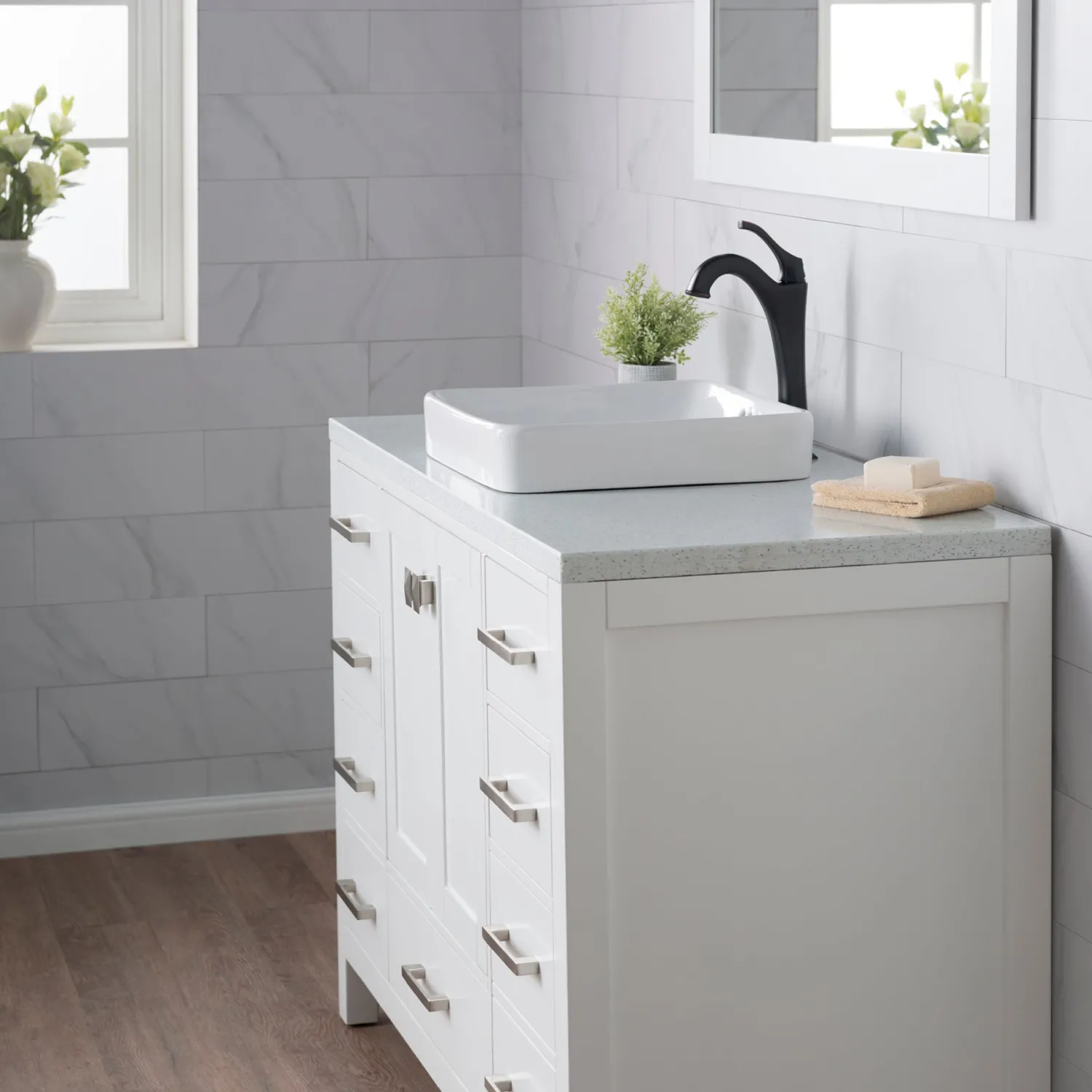 Best Elavo Series Square Ceramic Semi-Recessed Bathroom Sink in White with Overflow Semi-Recessed Sinks