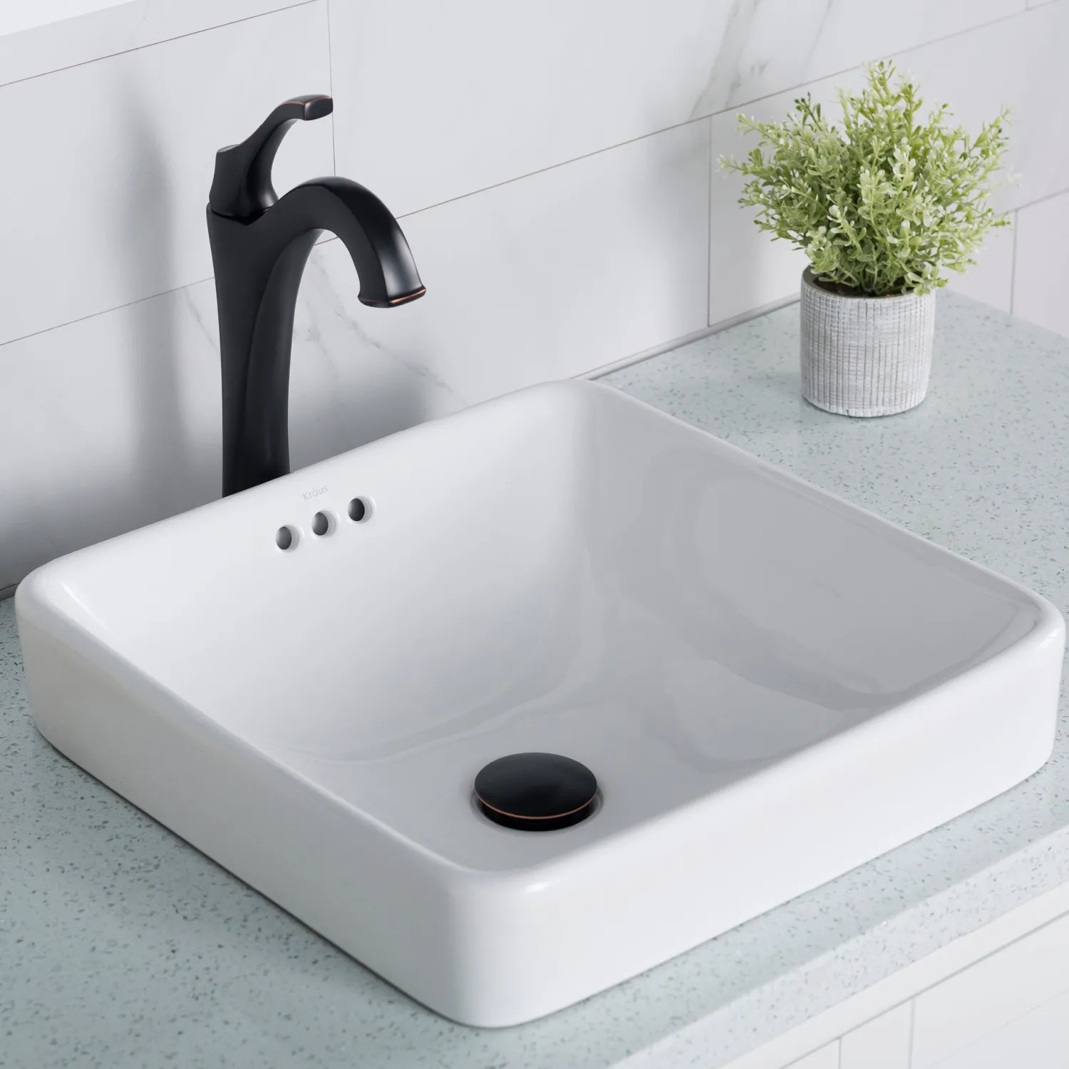 Best Elavo Series Square Ceramic Semi-Recessed Bathroom Sink in White with Overflow Semi-Recessed Sinks