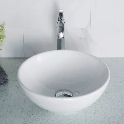 Hot Elavo Small Round Ceramic Vessel Bathroom Sink in White Above Counter / Vessel Sinks
