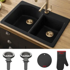 Forteza 33" Dual Mount 60/40 Double Bowl Granite Kitchen Sink in Black Drop-In / Top Mount Sinks|Double Bowl Sinks
