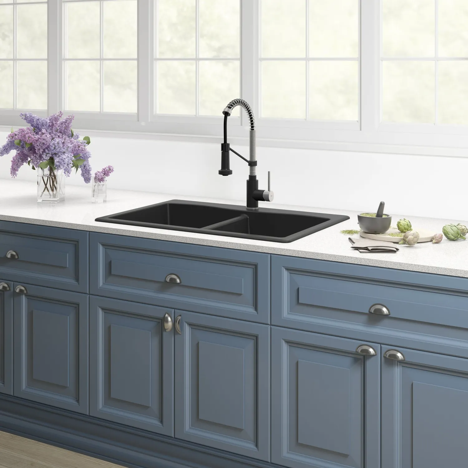 Clearance Forteza 33" Dual Mount 50/50 Double Bowl Granite Kitchen Sink in Black Drop-In / Top Mount Sinks|Double Bowl Sinks