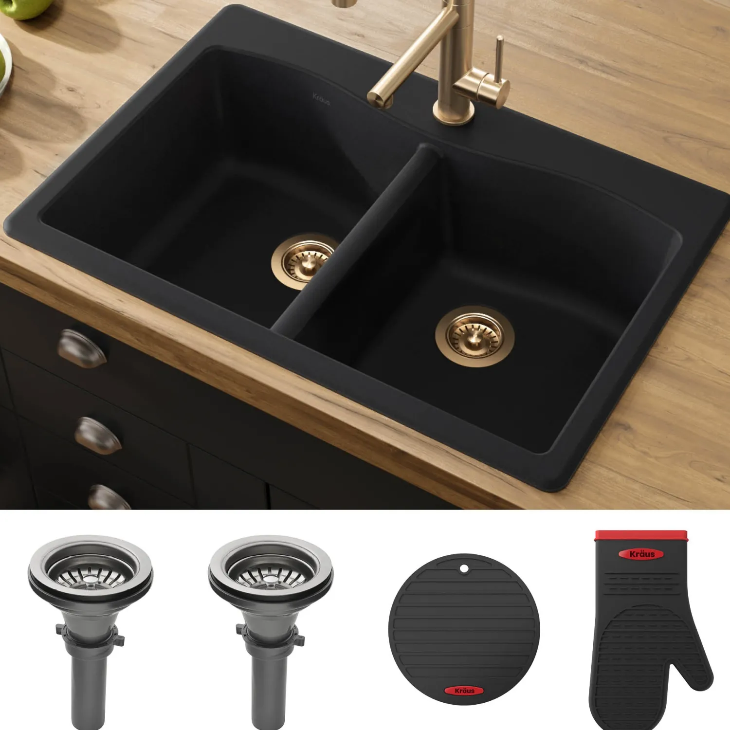 Clearance Forteza 33" Dual Mount 50/50 Double Bowl Granite Kitchen Sink in Black Drop-In / Top Mount Sinks|Double Bowl Sinks