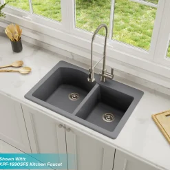 Hot Forteza 33" Dual Mount 60/40 Double Bowl Granite Kitchen Sink in Grey Drop-In / Top Mount Sinks|Double Bowl Sinks