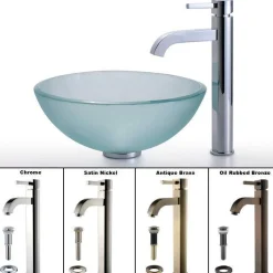 Sale Frosted 14" Glass Vessel Sink and Ramus Faucet Sink And Faucet Combos