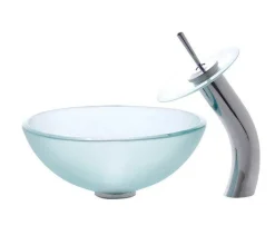 Sale Frosted Glass Vessel Sink and Waterfall Faucet Sink And Faucet Combos