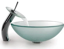 Sale Frosted Glass Vessel Sink and Waterfall Faucet Sink And Faucet Combos