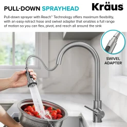 2-Function Single Handle Pull Down Kitchen Faucet in Spot-Free Brushed Brass Single Hole