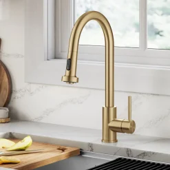 2-Function Single Handle Pull Down Kitchen Faucet in Spot-Free Brushed Brass Single Hole