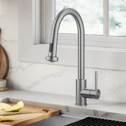 Online 2-Function Single Handle Pull Down Kitchen Faucet in Spot-Free Stainless Single Hole