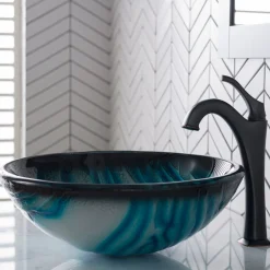 Hot 17-Inch Blue Glass Nature Series Bathroom Vessel Sink and Arlo Faucet Combo Set with Pop-Up Drain Sink And Faucet Combos|Above Counter / Vessel Sinks