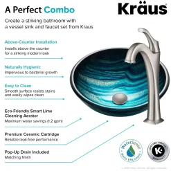 Hot 17-Inch Blue Glass Nature Series Bathroom Vessel Sink and Arlo Faucet Combo Set with Pop-Up Drain Sink And Faucet Combos|Above Counter / Vessel Sinks