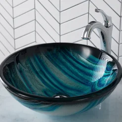 Hot 17-Inch Blue Glass Nature Series Bathroom Vessel Sink and Arlo Faucet Combo Set with Pop-Up Drain Sink And Faucet Combos|Above Counter / Vessel Sinks