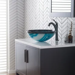 Hot 17-Inch Blue Glass Nature Series Bathroom Vessel Sink and Arlo Faucet Combo Set with Pop-Up Drain Sink And Faucet Combos|Above Counter / Vessel Sinks