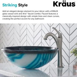 Hot 17-Inch Blue Glass Nature Series Bathroom Vessel Sink and Arlo Faucet Combo Set with Pop-Up Drain Sink And Faucet Combos|Above Counter / Vessel Sinks