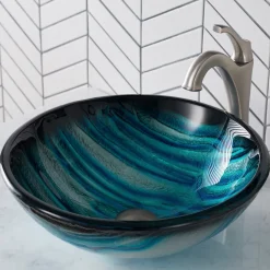 Hot 17-Inch Blue Glass Nature Series Bathroom Vessel Sink and Arlo Faucet Combo Set with Pop-Up Drain Sink And Faucet Combos|Above Counter / Vessel Sinks