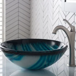 Hot 17-Inch Blue Glass Nature Series Bathroom Vessel Sink and Arlo Faucet Combo Set with Pop-Up Drain Sink And Faucet Combos|Above Counter / Vessel Sinks