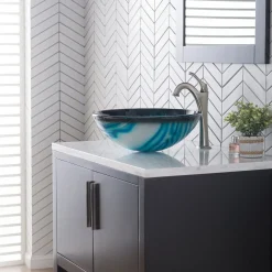 Hot 17-Inch Blue Glass Nature Series Bathroom Vessel Sink and Arlo Faucet Combo Set with Pop-Up Drain Sink And Faucet Combos|Above Counter / Vessel Sinks
