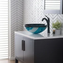 Hot 17-Inch Blue Glass Nature Series Bathroom Vessel Sink and Arlo Faucet Combo Set with Pop-Up Drain Sink And Faucet Combos|Above Counter / Vessel Sinks