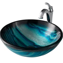 Hot 17-Inch Blue Glass Nature Series Bathroom Vessel Sink and Arlo Faucet Combo Set with Pop-Up Drain Sink And Faucet Combos|Above Counter / Vessel Sinks