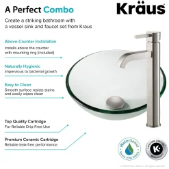 Sale 14-Inch Clear Glass Bathroom Vessel Sink and Ramus Faucet Combo Set with Pop-Up Drain Sink And Faucet Combos|Above Counter / Vessel Sinks