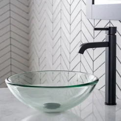 Sale 14-Inch Clear Glass Bathroom Vessel Sink and Ramus Faucet Combo Set with Pop-Up Drain Sink And Faucet Combos|Above Counter / Vessel Sinks