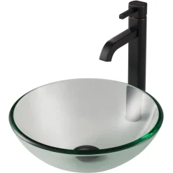Sale 14-Inch Clear Glass Bathroom Vessel Sink and Ramus Faucet Combo Set with Pop-Up Drain Sink And Faucet Combos|Above Counter / Vessel Sinks