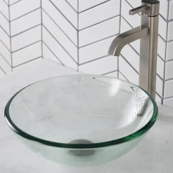 Sale 14-Inch Clear Glass Bathroom Vessel Sink and Ramus Faucet Combo Set with Pop-Up Drain Sink And Faucet Combos|Above Counter / Vessel Sinks