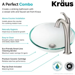 New 16 1/2-Inch Crystal Clear Glass Bathroom Vessel Sink and Arlo Faucet Combo Set with Pop-Up Drain Sink And Faucet Combos|Above Counter / Vessel Sinks