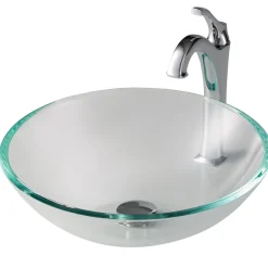 New 16 1/2-Inch Crystal Clear Glass Bathroom Vessel Sink and Arlo Faucet Combo Set with Pop-Up Drain Sink And Faucet Combos|Above Counter / Vessel Sinks