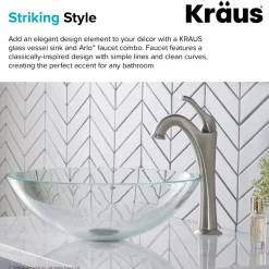 New 16 1/2-Inch Crystal Clear Glass Bathroom Vessel Sink and Arlo Faucet Combo Set with Pop-Up Drain Sink And Faucet Combos|Above Counter / Vessel Sinks