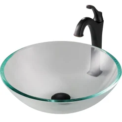 New 16 1/2-Inch Crystal Clear Glass Bathroom Vessel Sink and Arlo Faucet Combo Set with Pop-Up Drain Sink And Faucet Combos|Above Counter / Vessel Sinks