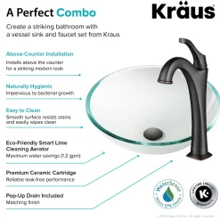 New 16 1/2-Inch Crystal Clear Glass Bathroom Vessel Sink and Arlo Faucet Combo Set with Pop-Up Drain Sink And Faucet Combos|Above Counter / Vessel Sinks