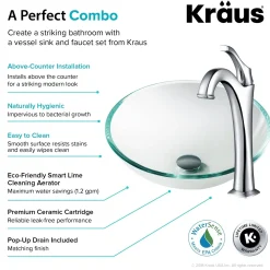New 16 1/2-Inch Crystal Clear Glass Bathroom Vessel Sink and Arlo Faucet Combo Set with Pop-Up Drain Sink And Faucet Combos|Above Counter / Vessel Sinks