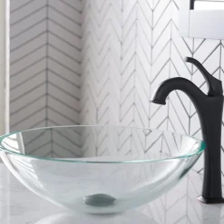 New 16 1/2-Inch Crystal Clear Glass Bathroom Vessel Sink and Arlo Faucet Combo Set with Pop-Up Drain Sink And Faucet Combos|Above Counter / Vessel Sinks
