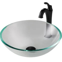 New 16 1/2-Inch Crystal Clear Glass Bathroom Vessel Sink and Arlo Faucet Combo Set with Pop-Up Drain Sink And Faucet Combos|Above Counter / Vessel Sinks