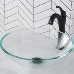 New 16 1/2-Inch Crystal Clear Glass Bathroom Vessel Sink and Arlo Faucet Combo Set with Pop-Up Drain Sink And Faucet Combos|Above Counter / Vessel Sinks