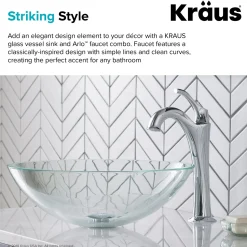 New 16 1/2-Inch Crystal Clear Glass Bathroom Vessel Sink and Arlo Faucet Combo Set with Pop-Up Drain Sink And Faucet Combos|Above Counter / Vessel Sinks