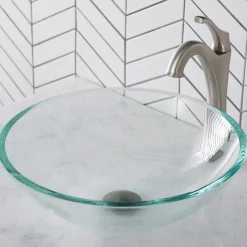 New 16 1/2-Inch Crystal Clear Glass Bathroom Vessel Sink and Arlo Faucet Combo Set with Pop-Up Drain Sink And Faucet Combos|Above Counter / Vessel Sinks