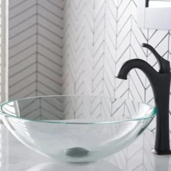 New 16 1/2-Inch Crystal Clear Glass Bathroom Vessel Sink and Arlo Faucet Combo Set with Pop-Up Drain Sink And Faucet Combos|Above Counter / Vessel Sinks