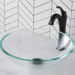 New 16 1/2-Inch Crystal Clear Glass Bathroom Vessel Sink and Arlo Faucet Combo Set with Pop-Up Drain Sink And Faucet Combos|Above Counter / Vessel Sinks